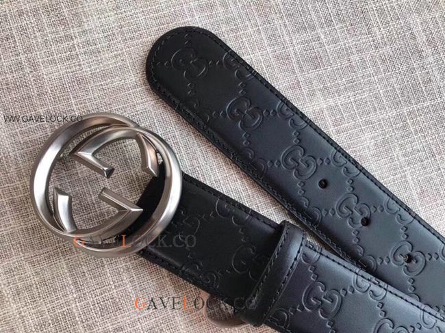Gucci Black Leather Belt Classic Polish Metal Buckle Slim